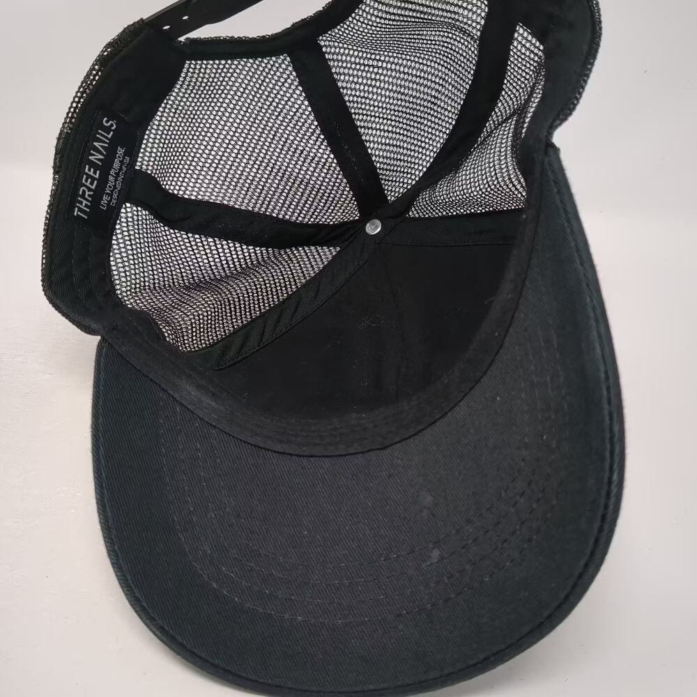 Three Nails Black OS Trucker Hat Embroidered Cross Logo Mesh Snapback Crown - Picture 7 of 9